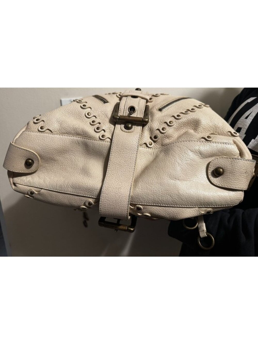 Vtg Besso Cream Italy Studded Leather Shoulder hobo Bag Y2K Western Boho Buckle - Picture 5 of 16